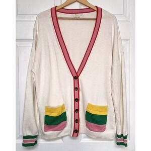 Boden Womens 16/18 Ivory Stripe V-Neck Cardigan Multicolor Preppy Academia Retro